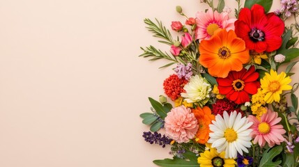 Fototapeta premium Colorful Flowers Arrangement on Pastel Background