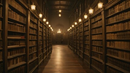 Old library with shelves stacked with vintage books and warm lighting
