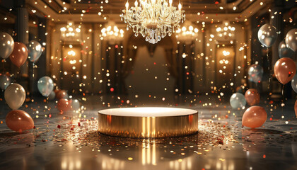 product display podium metallic gold, luxurious ballroom decorated for a New Year’s Eve gala, Crystal chandeliers hang overhead, warm glow, balloons, confetti, ad, podium platform, product present