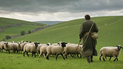 Obraz premium Shepherd guiding sheep through rolling green pastures