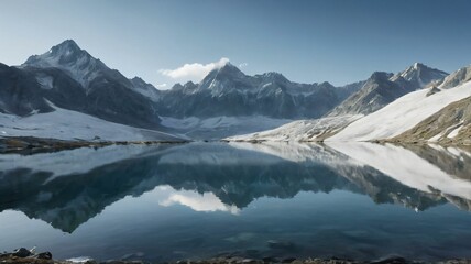 Snowy mountain range reflected in a crystalclear alpine lake