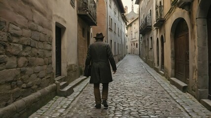 Traveler exploring a winding cobblestone alleyway