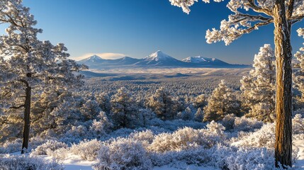 Majestic winter view of the San Francisco Peaks adorned with fresh snow under a clear blue sky