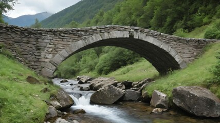 View of an old stone bridge arching over a gentle mountain stream