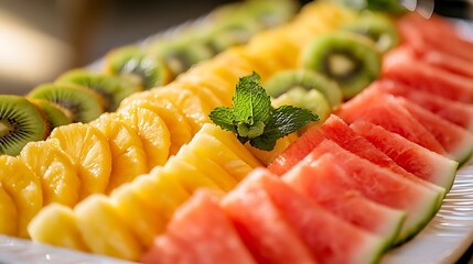 A fresh fruit platter featuring slices of watermelon, pineapple, and kiwi, garnished with mint leaves 