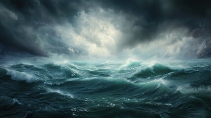 A dramatic seascape featuring turbulent waves under a moody, cloudy sky, evoking feelings of awe and intensity in nature's beauty.