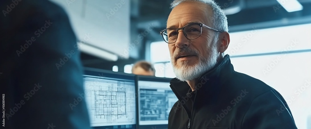 Poster a mature man with glasses and a beard is looking at the camera, standing in a modern office with com