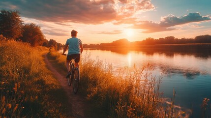 Young professional biking along a riverbank at sunset in a serene, natural setting