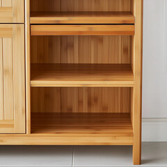 Fototapeta premium A detail of a kitchen interior featuring shelves in a light birch cabinet for dishes and various utensils. White wall