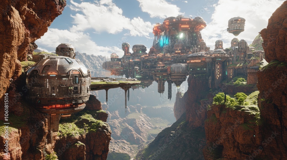 Poster a stunning view of an alien city suspended between rocky cliffs under a bright sky with clouds at mi