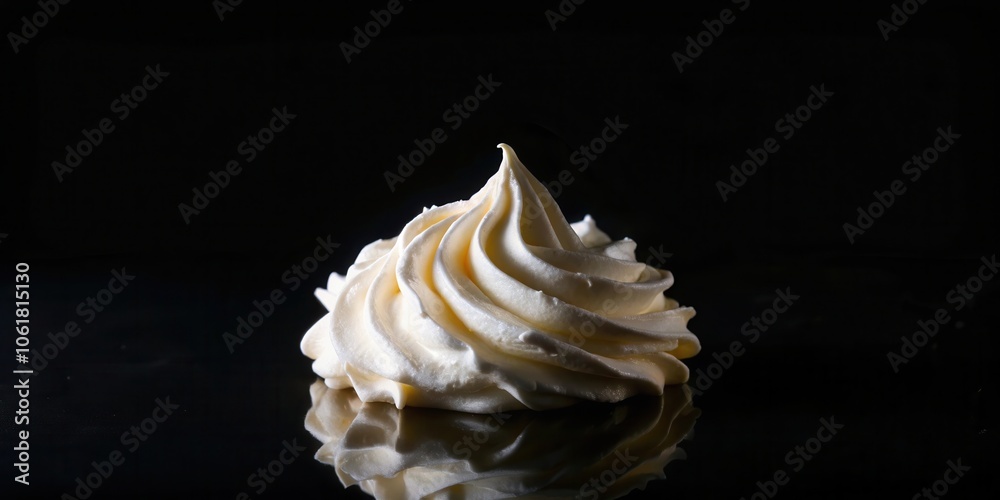 Poster a swirl of whipped cream on a black reflective surface, showcasing its delicate texture and creamy c