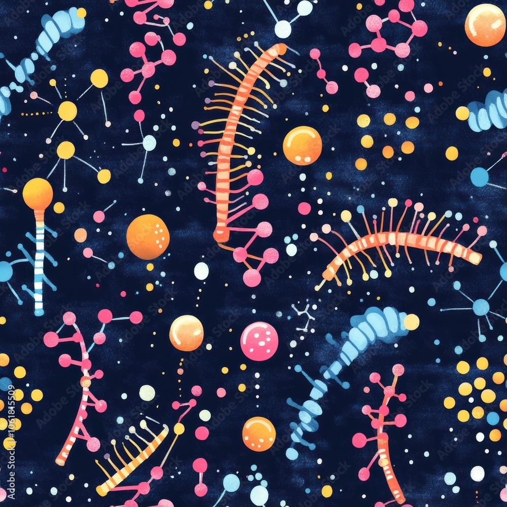 Poster a vibrant pattern showcasing stylized nucleotides and molecular structures in bright colors on a dar
