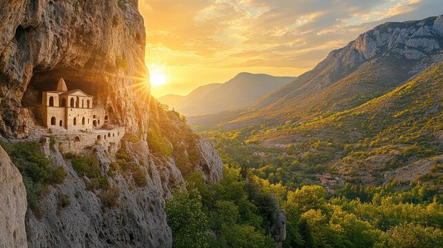Ostrog Monastery carved into a cliff at sunset, overlooking the serene valley in Montenegro