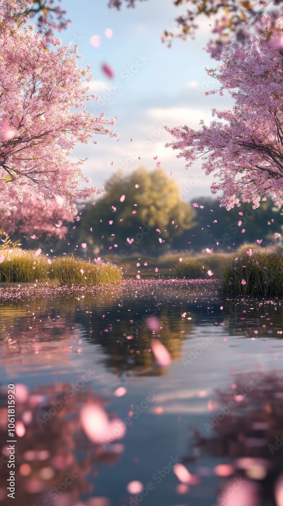 Poster a peaceful field of blooming cherry trees reflecting in a calm pond under a clear sky during springt