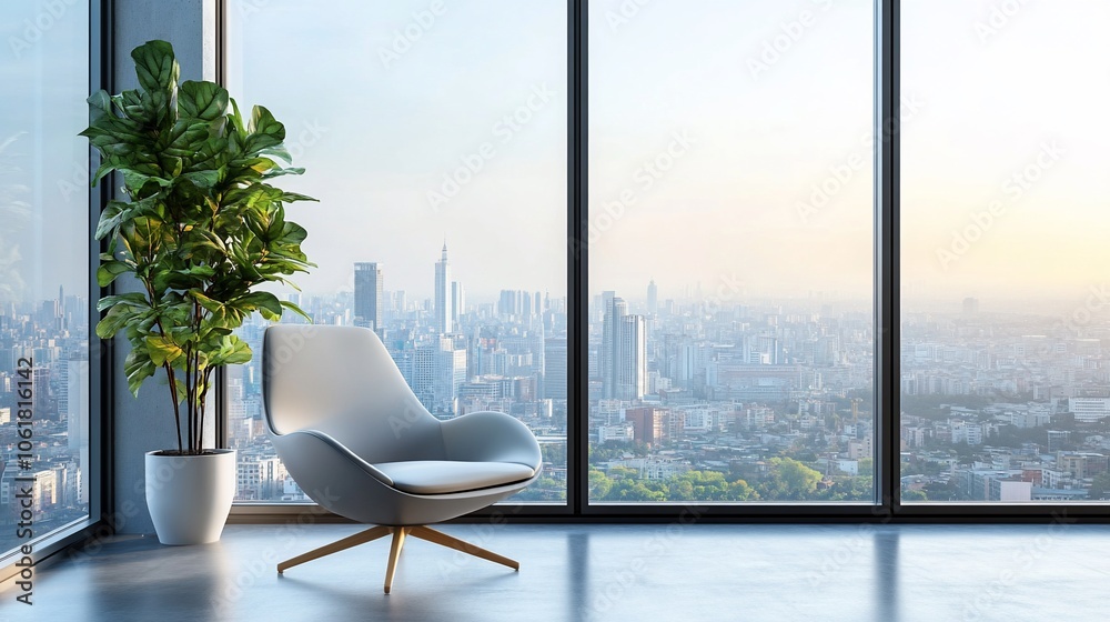 Aufkleber a modern armchair with a plant sits in front of a large window with a panoramic city view.