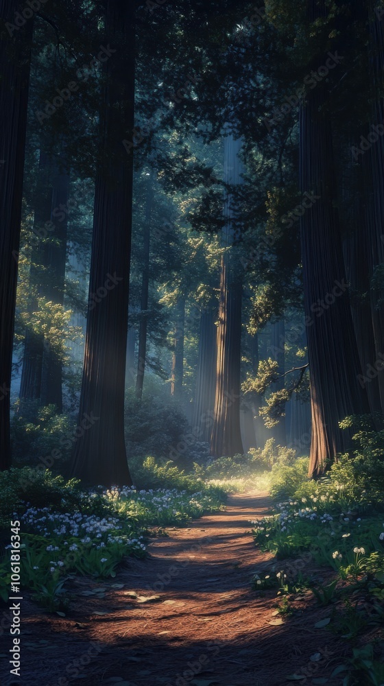 Poster a serene twilight walk through a redwood grove illuminated by soft light and surrounded by lush gree