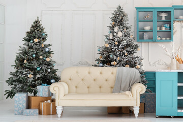 Cozy living room with Christmas trees and festive decorations during winter