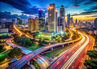 Fototapeta premium Stunning Nighttime Cityscape with Vibrant Traffic Trails, Urban Lights, and Skyscrapers in a Panoramic View for Captivating Night Photography