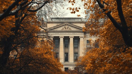The Federal Reserve building framed by autumn foliage highlighting economic authority in a tranquil urban setting