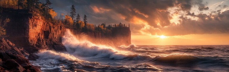 Breathtaking sunset over the North Shore of Lake with crashing waves against majestic cliffs and trees lining the edge