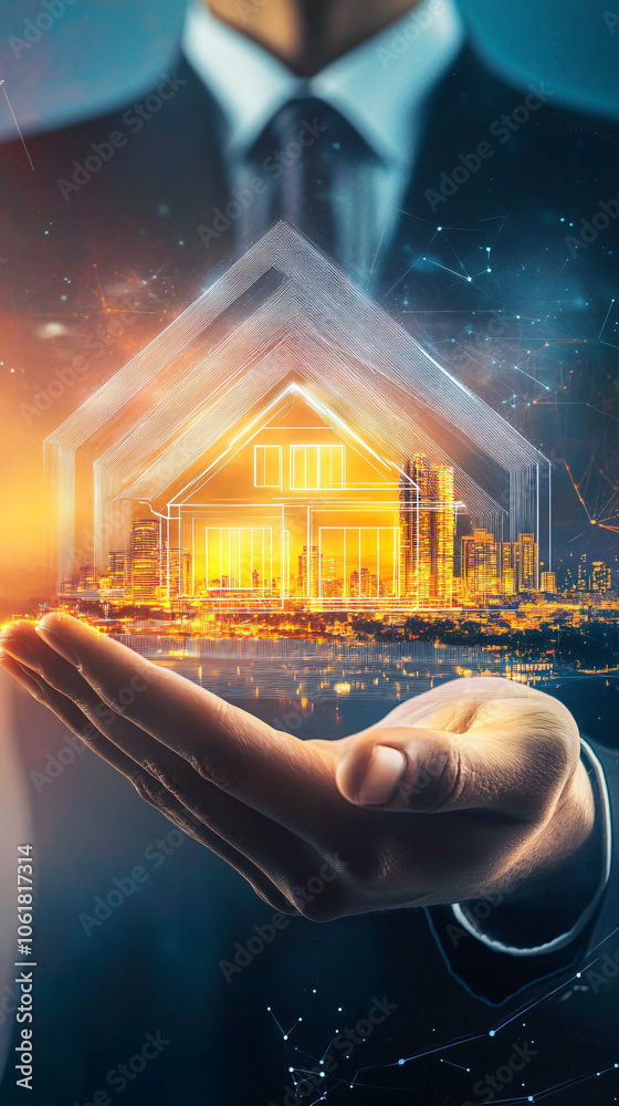 Poster businessman presenting a futuristic glowing house over a cityscape with network connection lines