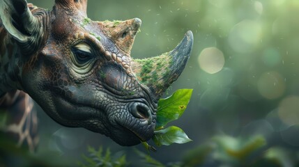 A close-up view of a rhinoceros munching on green leaves in a lush, blurred forest background, highlighting its textured skin and horn.