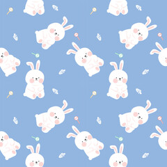 Fat rabbit cartoon so cute eat dessert. On lollipop ice cream and light blue background. Pattern seamless vector illustration.
