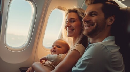 A happy family, a man, woman, infant seated on an airplane, anticipating their upcoming vacation. The excitement of journey, traveling together, holiday family trip. A little cute baby with parents