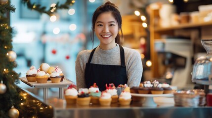 A cheerful young asian female barista arranges colorful holiday cupcakes and gingerbread cookies behind a counter with Christmas and new year desserts. The cafe worker is a woman, decorated interior