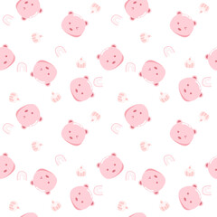 Bear face pink color cartoon so cute. On cupcake rainbow and white background. Pattern seamless vector illustration.
