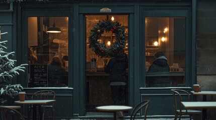 A large Christmas wreath hangs on the door outside of a coffee shop. Inside, holiday décor creates a warm and festive atmosphere as customers sip coffee, enjoying the seasonal new year ambiance