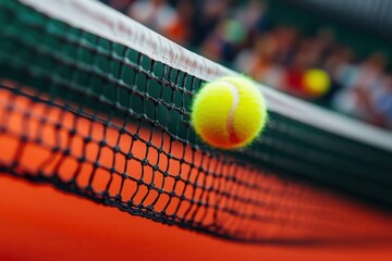 A close-up view of a tennis ball approaching a net on a clay court, capturing the dynamic motion of the game.
