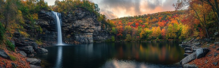 Fototapeta premium A breathtaking autumn panorama of the Pocono Mountains featuring a serene waterfall and vibrant foliage at dusk