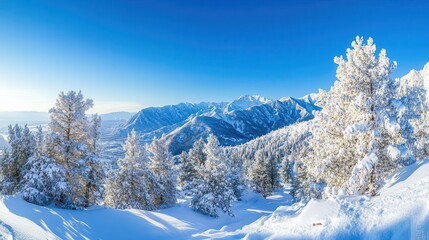 Obraz premium A breathtaking winter panorama of the Wasatch Mountains blanketed in snow under a clear blue sky during the day