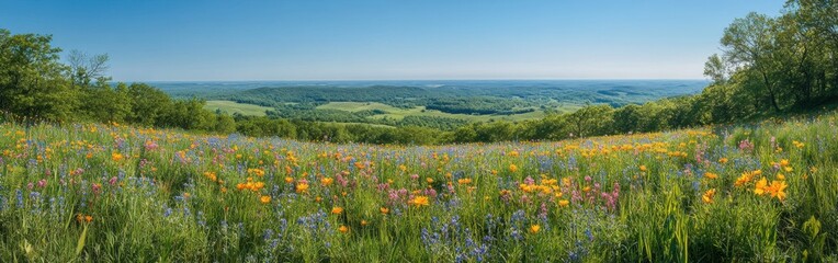 Obraz premium A breathtaking panorama of the Kettle Moraine showcasing vibrant wildflowers under a clear blue sky during springtime