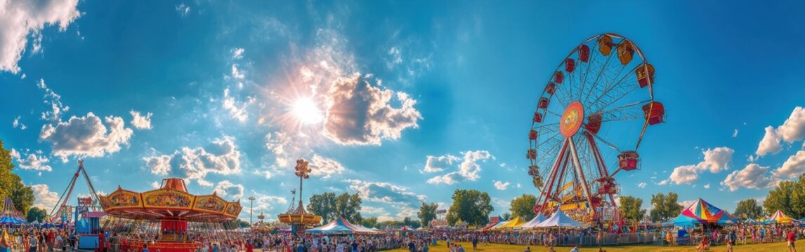 A vibrant panorama capturing the excitement of the Iowa State Fair with colorful rides and crowds on a sunny day