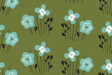 Seamless floral pattern based on traditional folk art ornaments. Art flowers on color background. Scandinavian style. Sweden nordic style. Vector illustration. Simple minimalistic pattern