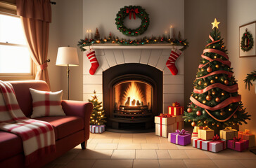 Fototapeta premium Gemütliches Wohnzimmer mit Kaminfeuer , weihnachtslich geschmückt . KI Generated 