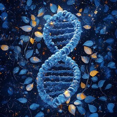 A 3D rendering of a DNA double helix made of water, surrounded by glowing golden leaves on a dark blue background.