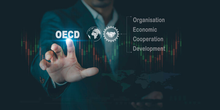 OECD - organization economic cooperation development symbol. global policy forum that promotes policies to improve the economic and social well-being of people