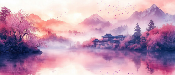 Obraz premium Village japonais en aquarelle avec glycines en fleurs pour écran panoramique