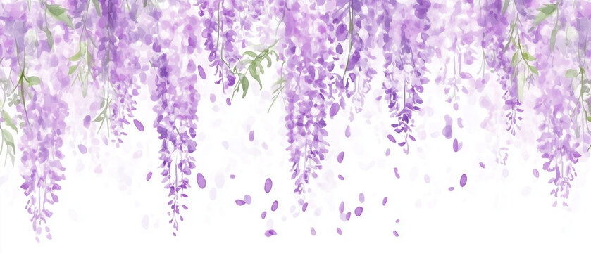 Village japonais en aquarelle avec glycines en fleurs pour &eacute;cran panoramique