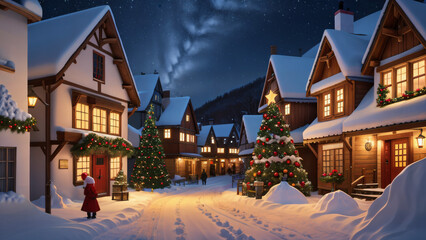 Weihnachtlich geschmückte verschneite Stadt . 