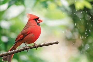 Vibrant Red Cardinal on a Branch in Rainy Environment