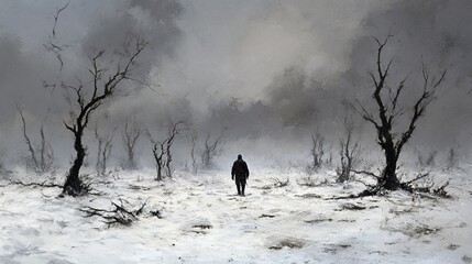 Fototapeta premium A man walks through a snowy field with trees in the background. The scene is desolate and quiet, with the man being the only living being in the image. Scene is somber and lonely