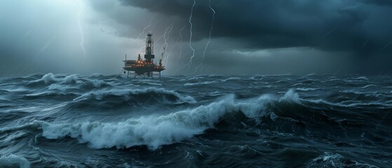 An offshore oil rig stands against a backdrop of a tumultuous sea and stormy sky, capturing nature's raw power and human resilience in harsh conditions.