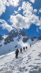 Adventurers climb a snowy mountain as clouds drift over the majestic peaks under a clear blue sky