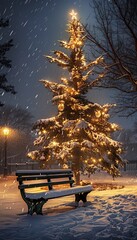 Tranquil winter night with snow covered bench and festive christmas tree illuminated by streetlights