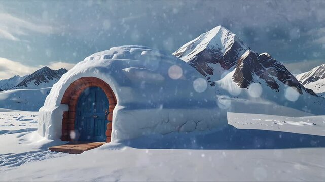 An igloo house is located in a snow-covered polar area. Seamless 4K looping timelapse video animation background