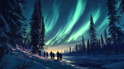A group of travelers watching the Northern Lights from a snowy Arctic wilderness.